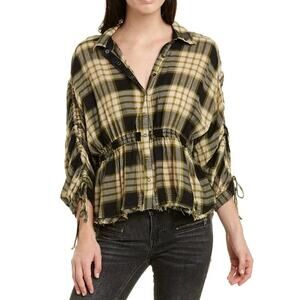 We The Free Pacific Dawn Plaid Snap Front Shirt Ruched Sleeves Tie Waist XS NWT